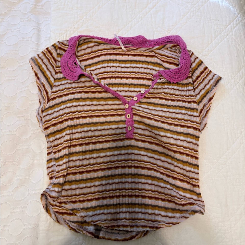 Free People Pink Collar Striped Knit Top